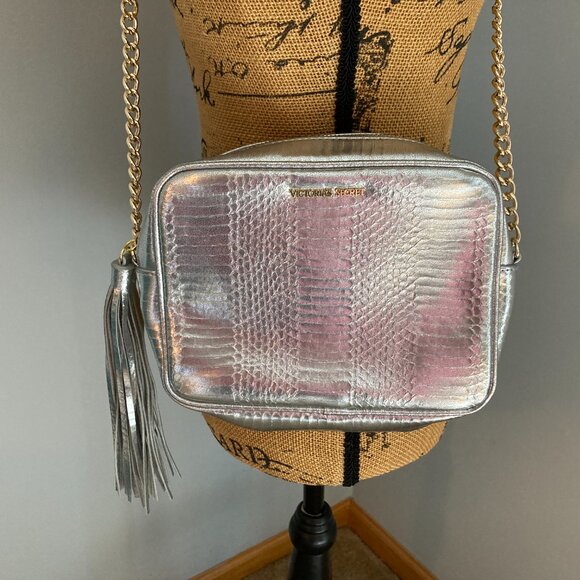 Victoria's Secret Metallic Snakeskin Crossbody Bag with Tassel and Gold Chain - Picture 2 of 12